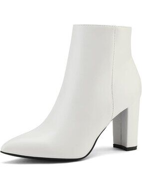 Women's White Chunky Heel Short Boot Ankle Pointed Toe Rubber Sole Side Zipper